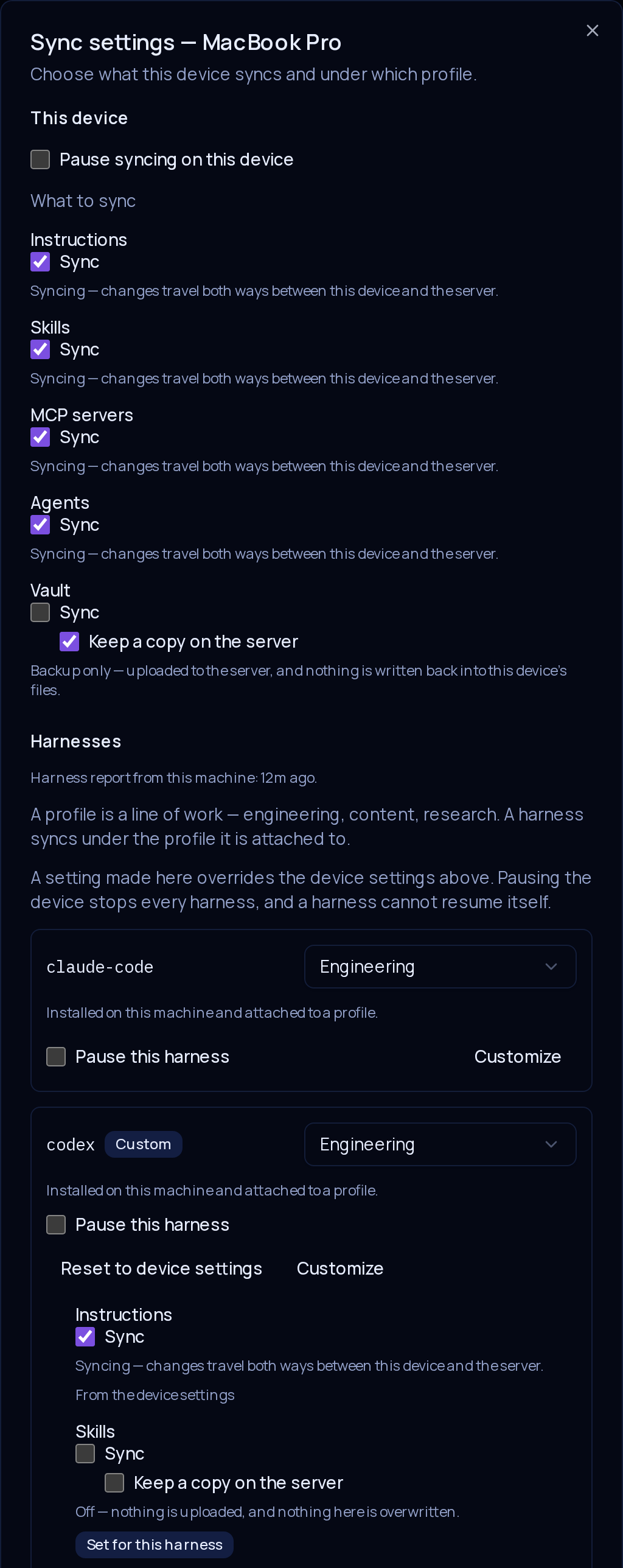Sync settings for one machine: instructions, skills, MCP servers and subagents set to sync, vault set to backup-only, and the codex harness overriding skills to off